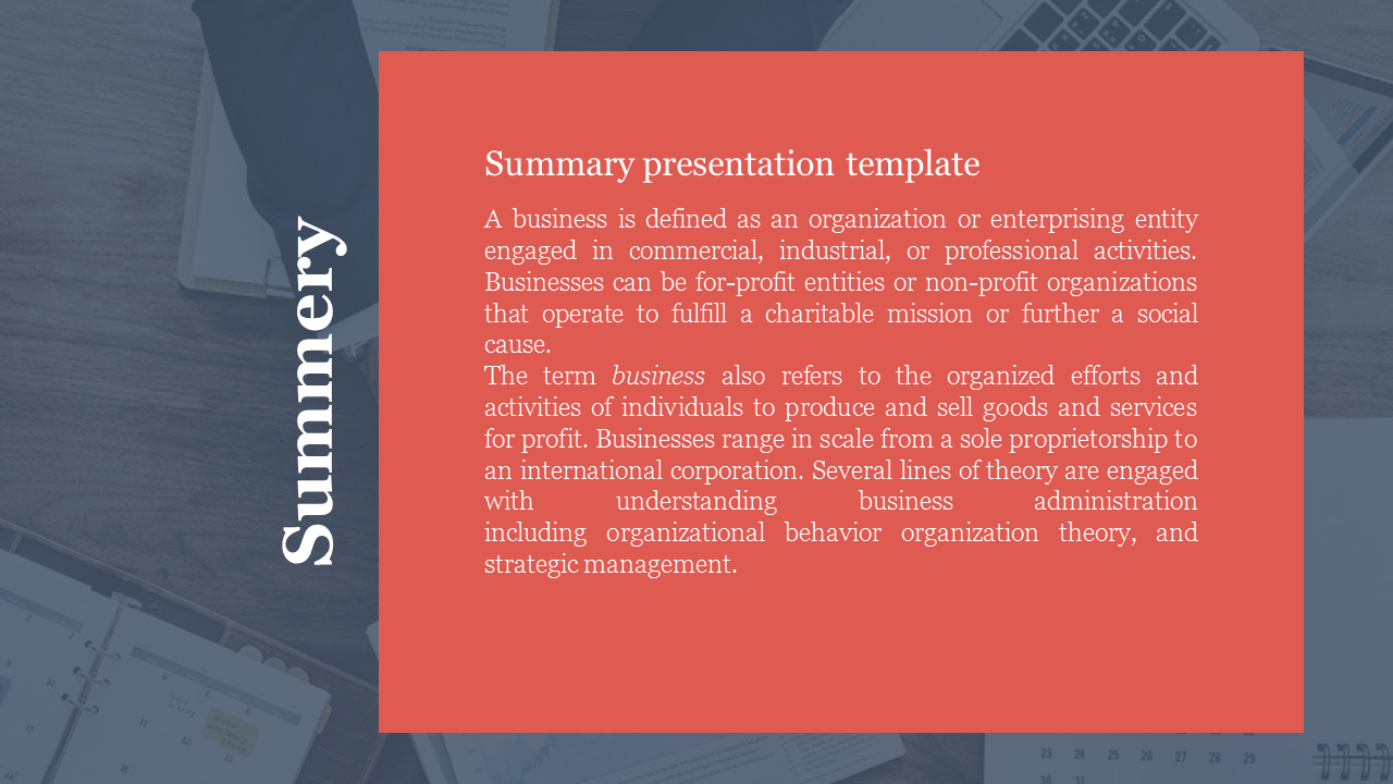 A One Noded Summary Presentation Template PPT Slide